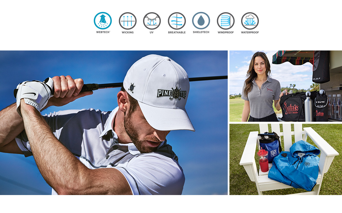 golf, polos, jackets, hats, ballcap, promotional products 

